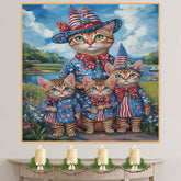 Patriotic Bengal Cat Mother and Three Kittens in Red White and Blue Outfits by a Lake with Floral Summer Backdrop on Ready to Hang 1.5" Thick Canvas Wrap, Floating Framed Canvas, Flat Rolled Canvas